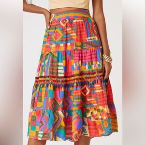 Farm Rio Colorful Patchwork Tiered Midi linen blend besded Skirt - Multicolor